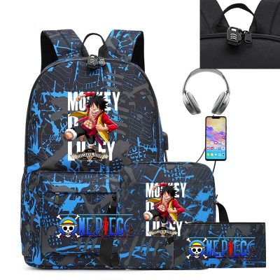 Three piece Set of Cartoon Riman One Piece USB Youth Student Schoolbag Male and Female Backpack 1 - One Piece AU Store